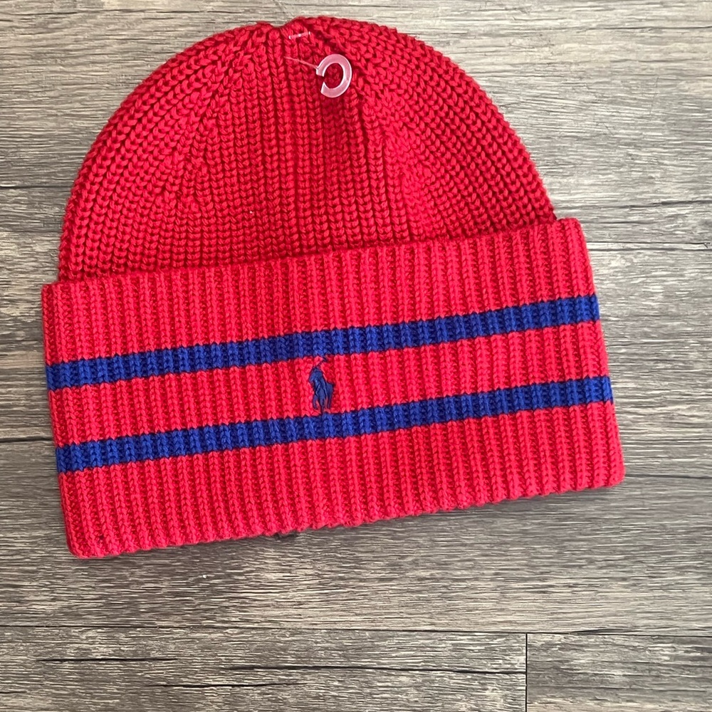 Ralph Lauren Red & Navy Striped Knit Cuffed Beanie
